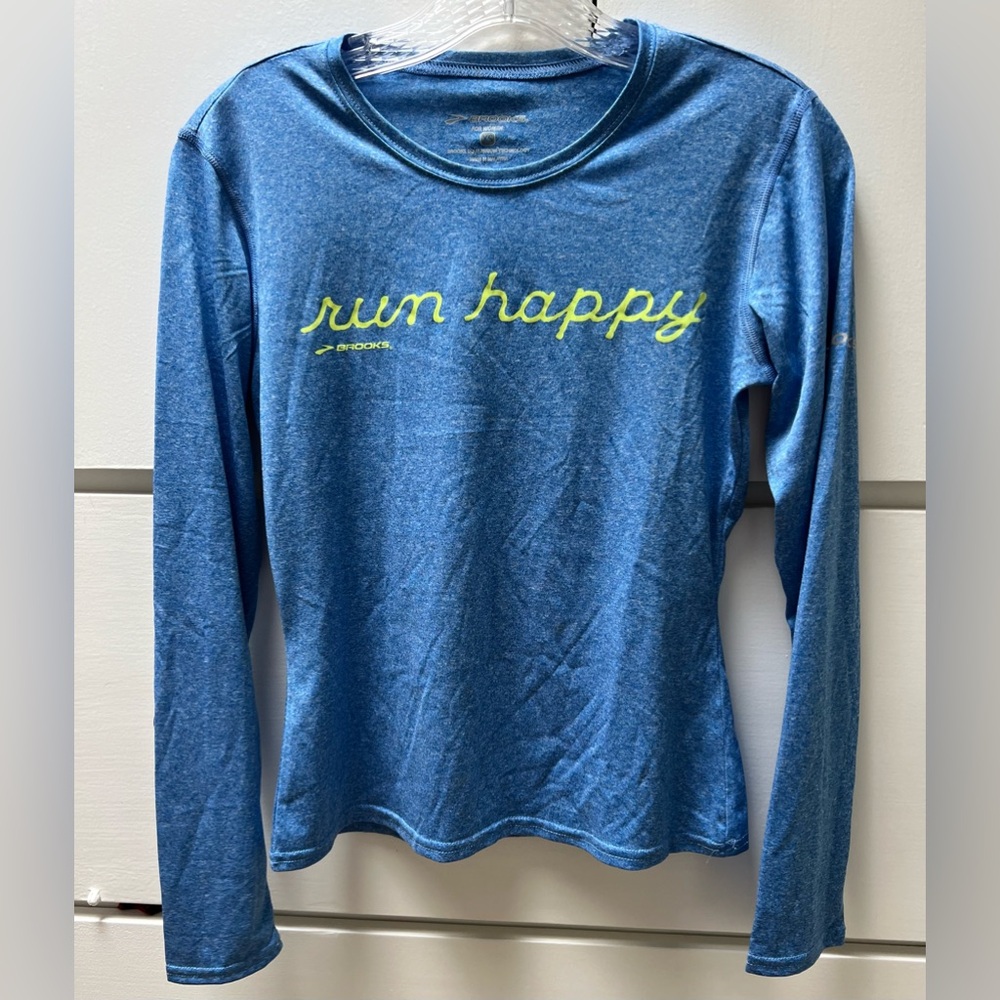 Brooks ‘Run Happy’ long sleeve technical fabric shirt in size xsmall.